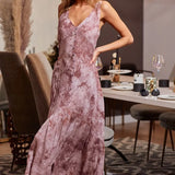 women's resort wear dress in mauve tie-dye maxi style with button front and sleeveless design