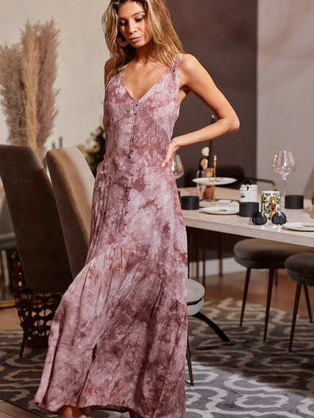 women's resort wear dress in mauve tie-dye maxi style with button front and sleeveless design