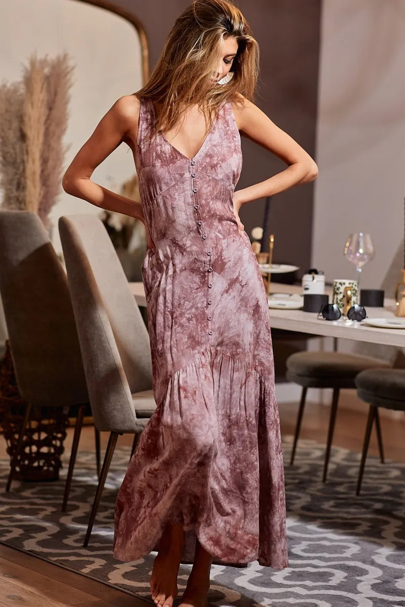 Trendsi women's resort wear dress in mauve tie-dye maxi style with button front and sleeveless design