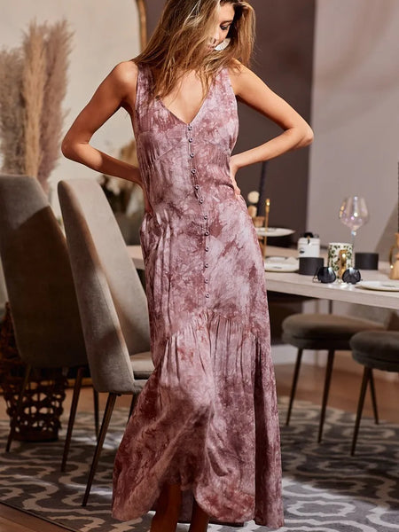 Trendsi women's resort wear dress in mauve tie-dye maxi style with button front and sleeveless design