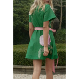 Trendsi women's resort wear short sleeve dress in green with floral print and pink belt mini dress