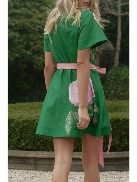 Trendsi women's resort wear short sleeve dress in green with floral print and pink belt mini dress