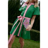 Trendsi women's resort wear short sleeve dress in green with pink floral print and waist tie belt