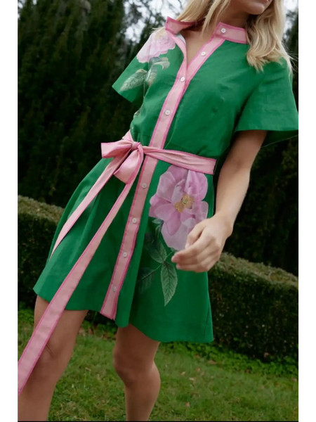 Trendsi women's resort wear short sleeve dress in green with pink floral print and waist tie belt