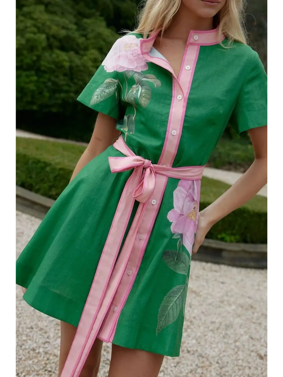 Trendsi women's resort wear short sleeve dress in green with pink floral accents and waist tie