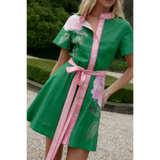Trendsi women's resort wear short sleeve dress in green with pink floral accents and waist tie