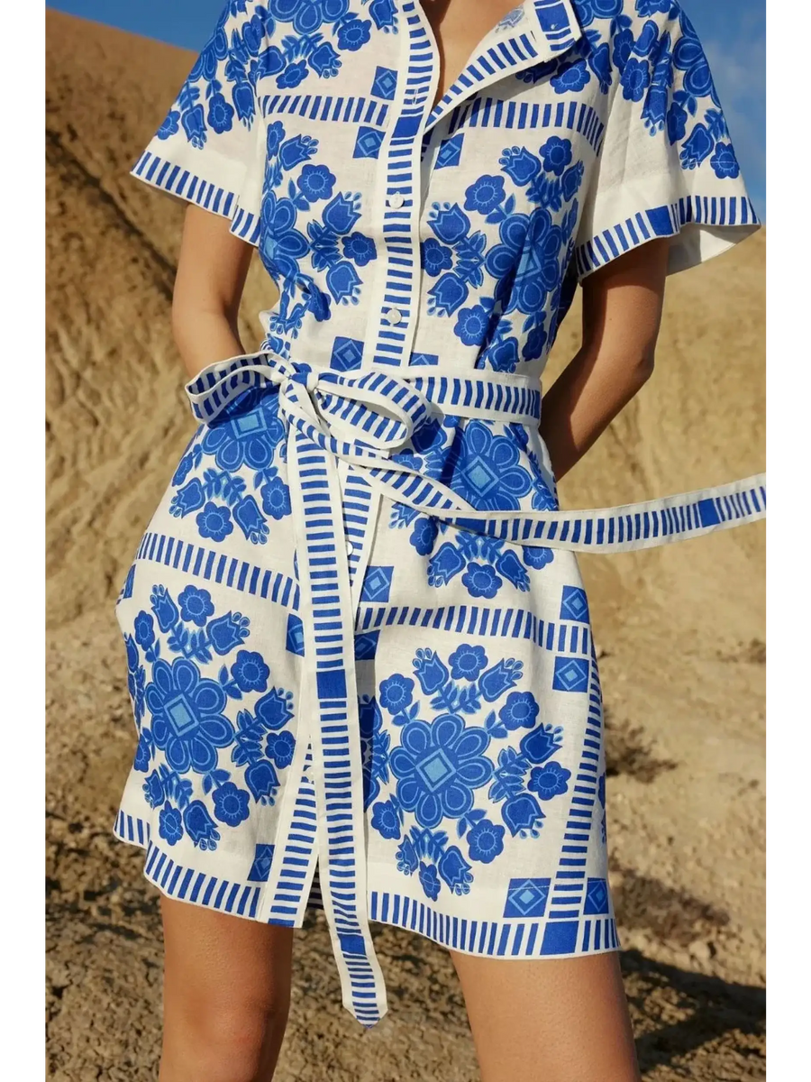 Trendsi women's resort wear short sleeve dress mini dress with blue floral print and belted waist