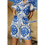 Trendsi women's resort wear short sleeve dress mini dress with blue floral print and belted waist