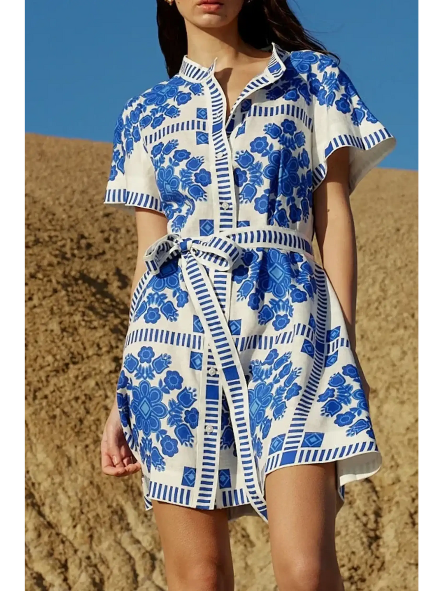 Trendsi women's resort wear short sleeve dress with blue floral print and waist tie belt