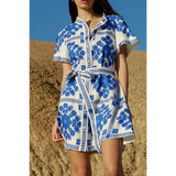Trendsi women's resort wear short sleeve dress with blue floral print and waist tie belt