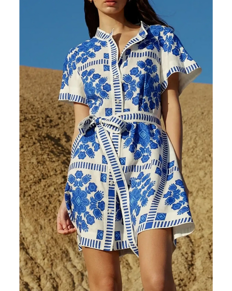 Trendsi women's resort wear short sleeve dress with blue floral print and waist tie belt