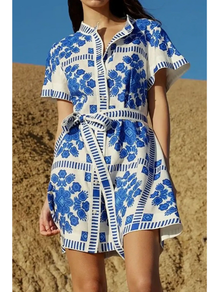 Trendsi women's resort wear short sleeve dress with blue floral print and belted waist