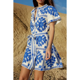 Trendsi women's resort wear short sleeve dress with blue floral print and belted waist mini dress