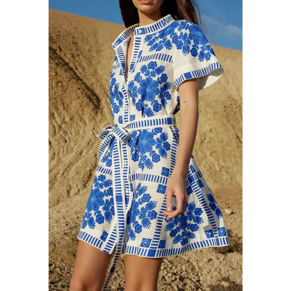 Trendsi women's resort wear short sleeve dress with blue floral print and belted waist mini dress