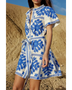 Trendsi women's resort wear short sleeve dress with blue floral print and belted waist mini dress
