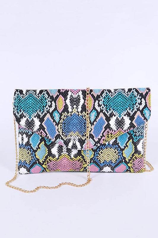 Babe Beachwear women's snake print handbag with colorful pattern and gold chain strap