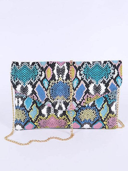 Babe Beachwear women's snake print handbag with colorful pattern and gold chain strap