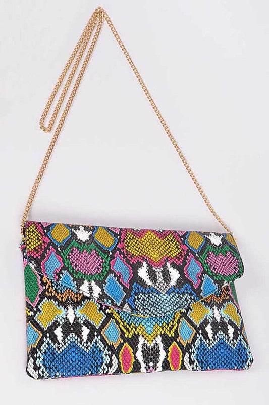 Colorful women's snake print handbag with gold chain strap by Babe Beachwear
