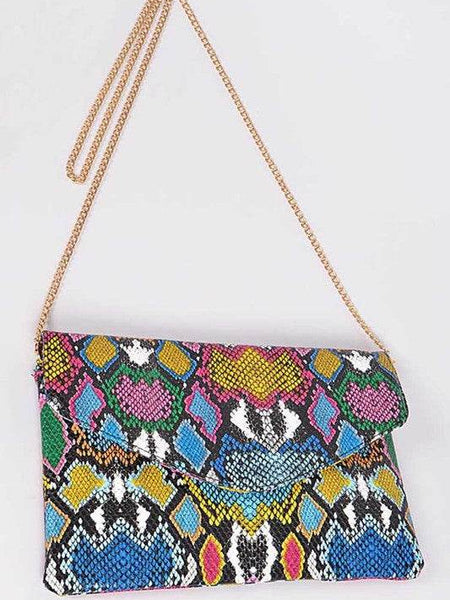 Colorful women's snake print handbag with gold chain strap by Babe Beachwear