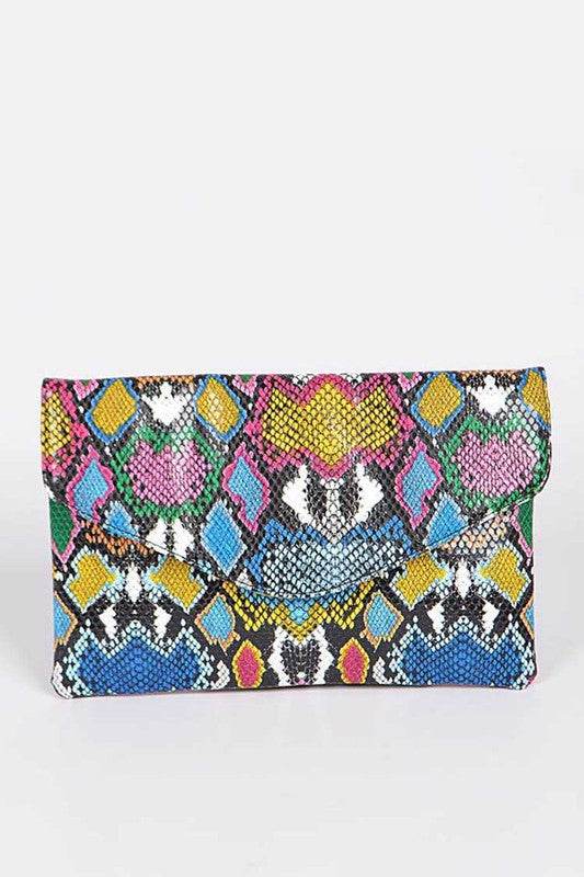 Colorful women's snake print handbag with multicolor pattern and flap closure by Babe Beachwear
