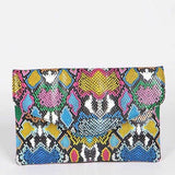 Colorful women's snake print handbag with multicolor pattern and flap closure by Babe Beachwear