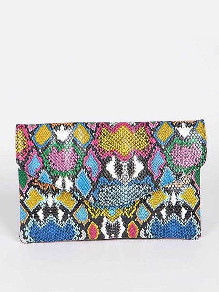 Colorful women's snake print handbag with multicolor pattern and flap closure by Babe Beachwear