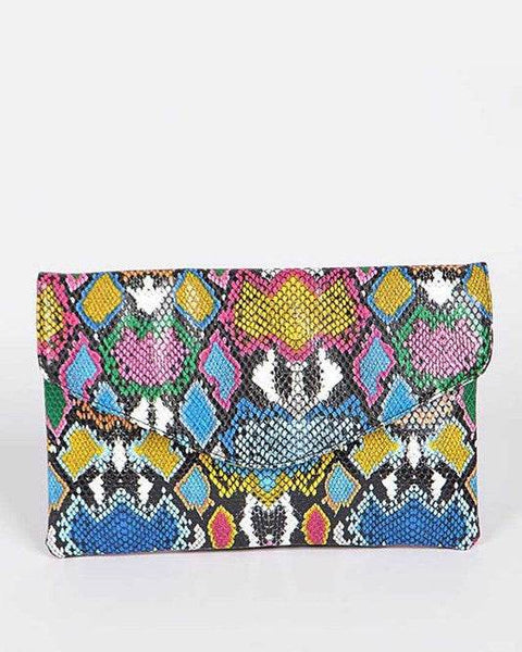 Colorful women's snake print handbag with multicolor pattern and flap closure by Babe Beachwear