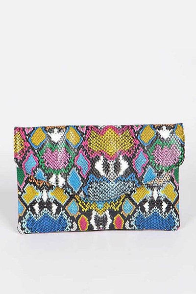 Colorful women's snake print handbag with multicolor pattern and flap closure by Babe Beachwear