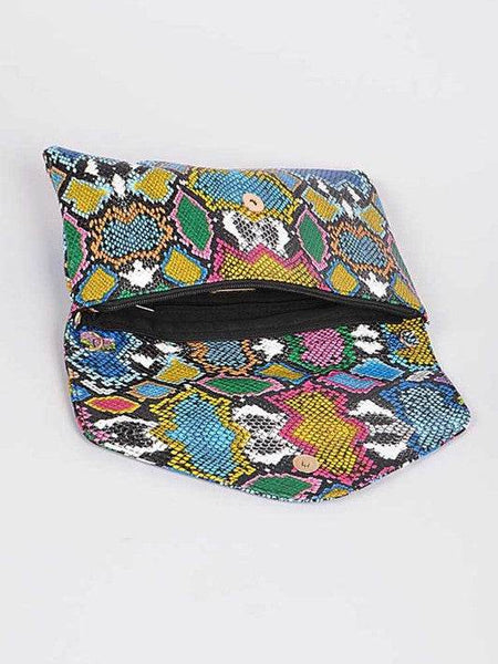 Babe Beachwaer women's snake print handbag with colorful pattern and snap closure open to show interior