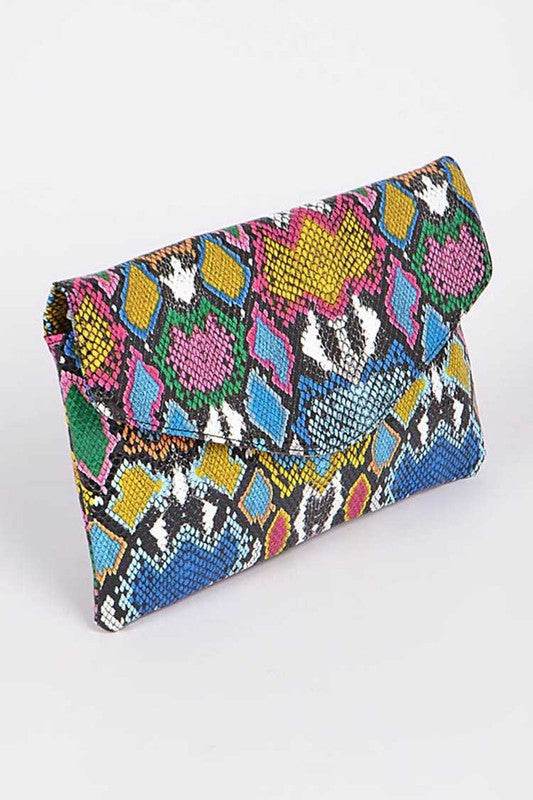 Babe Beachwaer colorful women's snake print handbag with vibrant multicolor pattern and fold-over flap