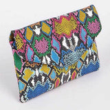 Babe Beachwaer colorful women's snake print handbag with vibrant multicolor pattern and fold-over flap