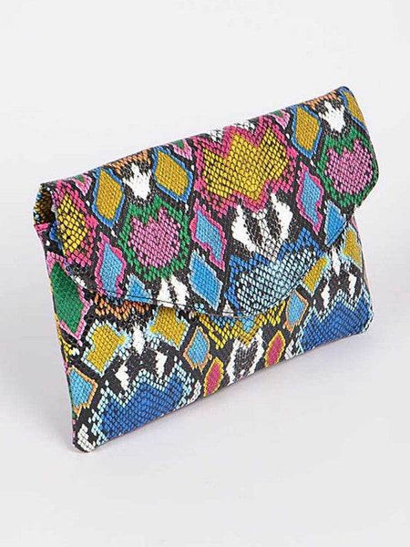 Babe Beachwaer colorful women's snake print handbag with vibrant multicolor pattern and fold-over flap