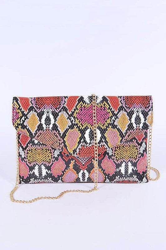 Babe Beachwear women's snake print handbag with bold multicolor pattern and gold chain strap