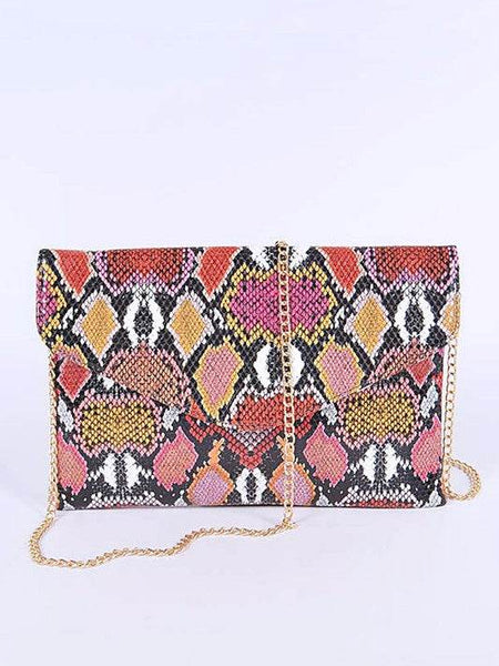Babe Beachwear women's snake print handbag with bold multicolor pattern and gold chain strap