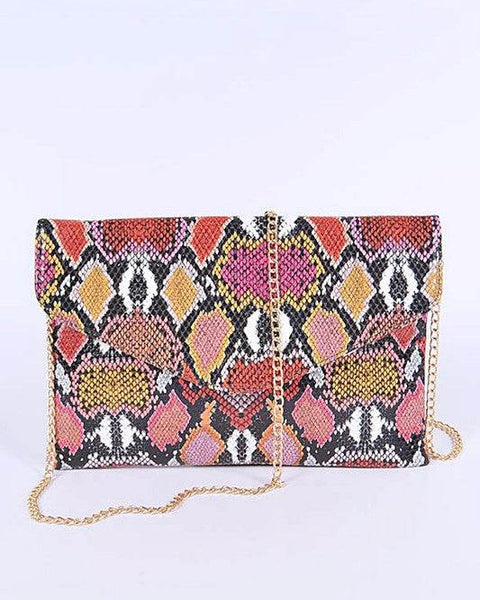 Babe Beachwear women's snake print handbag with bold multicolor pattern and gold chain strap