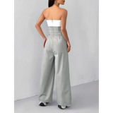 Back view of Trendsi women's strapless vacation jumpsuit in white and gray with wide-leg pants