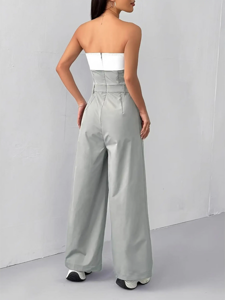 Back view of Trendsi women's strapless vacation jumpsuit in white and gray with wide-leg pants