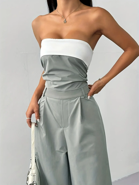 Trendsi women's strapless vacation jumpsuit in white and gray with wide legs and pockets
