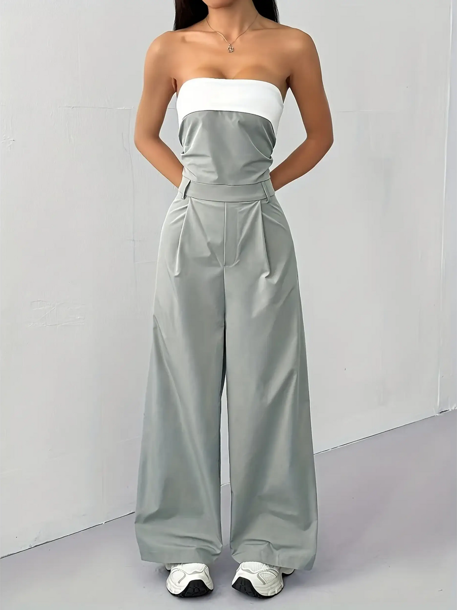 Trendsi women's strapless vacation jumpsuit in gray with white top and wide-leg pants