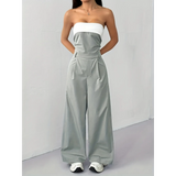 Trendsi women's strapless vacation jumpsuit in gray with white top and wide-leg pants