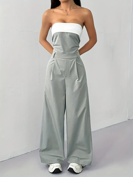 Trendsi women's strapless vacation jumpsuit in gray with white top and wide-leg pants