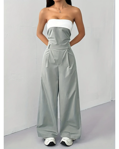 Trendsi women's strapless vacation jumpsuit in gray with white top and wide-leg pants