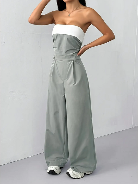 Trendsi women's strapless vacation jumpsuit in gray and white with wide-leg pants