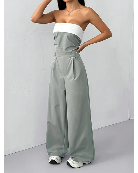 Trendsi women's strapless vacation jumpsuit in gray and white with wide-leg pants