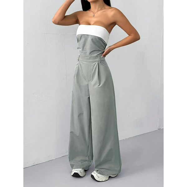 Trendsi women's strapless vacation jumpsuit in gray and white with wide-leg pants