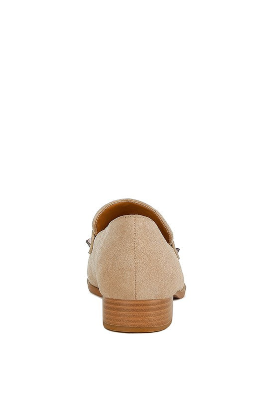 Rag Company women's studded suede loafers beige color with wooden heel back view