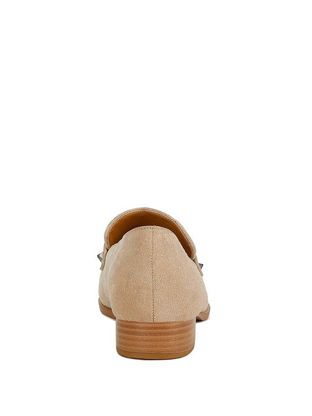 Rag Company women's studded suede loafers beige color with wooden heel back view