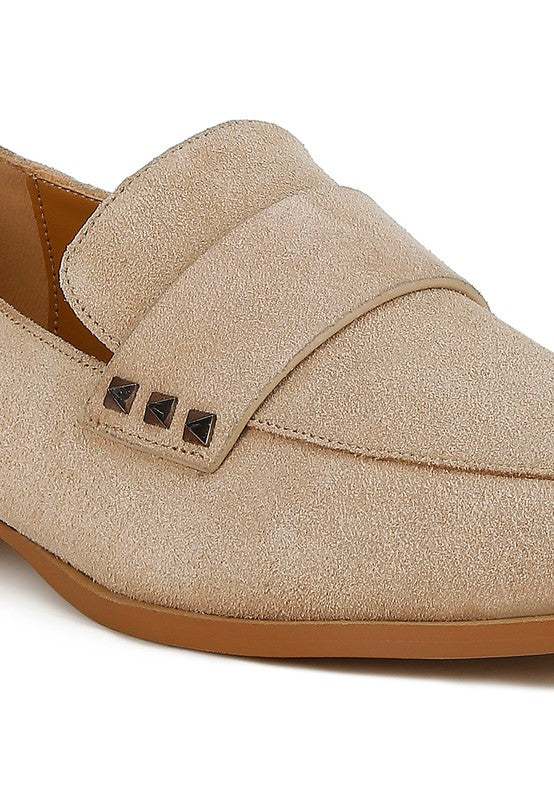 Rag Company women's studded suede loafers in beige with black square studs and brown sole