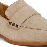 Rag Company women's studded suede loafers in beige with black square studs and brown sole