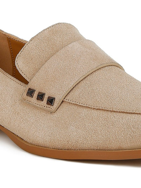 Rag Company women's studded suede loafers in beige with black square studs and brown sole